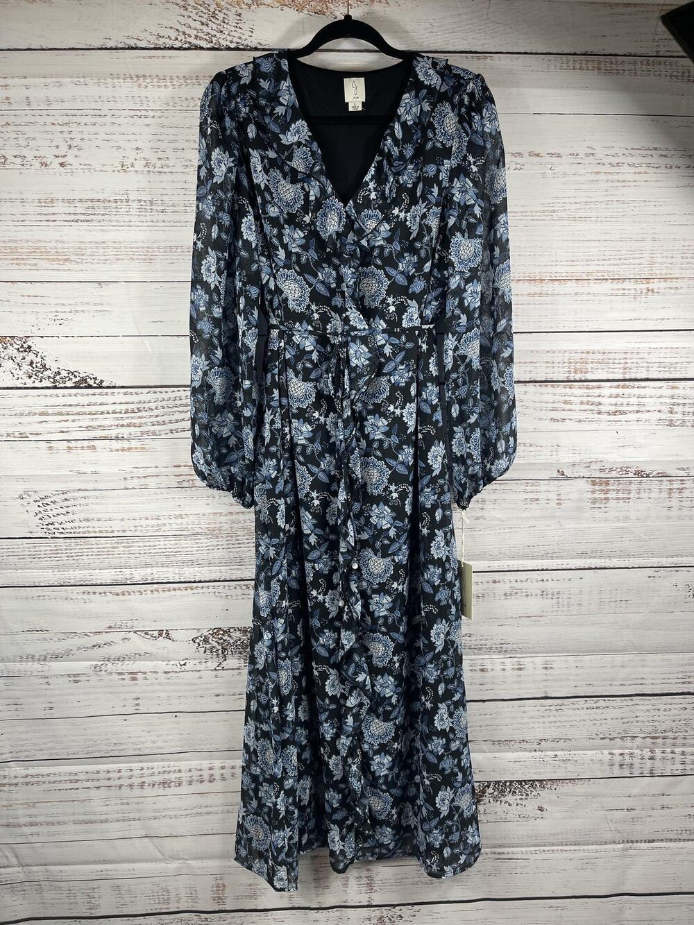 Joie Dress Womens Large Black Floral Chiffon Wrap Maxi Ruffle Belted Long Sleeve